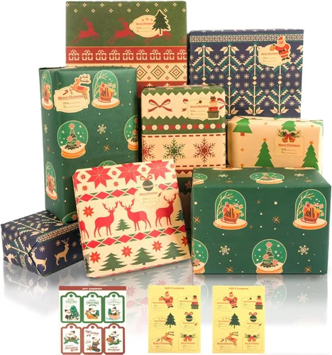Miniatura 10 de Hojas de papel de regalo de Navidad, papel de regalo Kraft reciclado azul marino y marrón con etiquetas y pegatinas, papel de regalo de 6 hojas