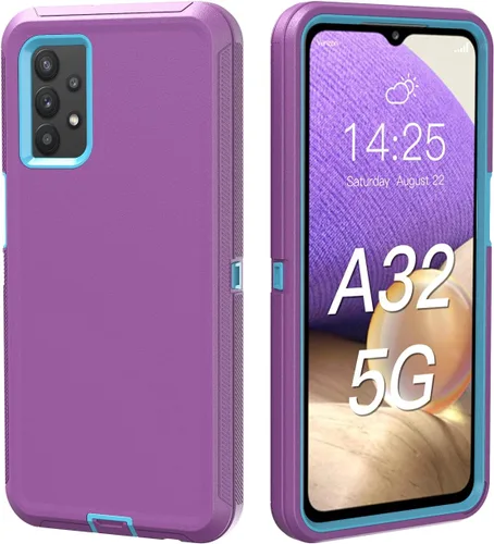 Miniatura 2 de Funda resistente para Galaxy A32 5G, no compatible con 4G, con clip, a prueba de golpes, a prueba de caídas, polvo, morado y azul cielo