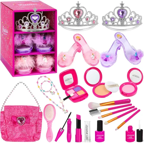 Kit de maquillaje para niños – Zapatos de vestir de princesa, coronas y bolso – Juego de maquillaje falso para niñas de 3 a 6 años