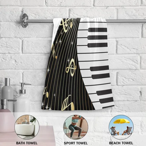 Miniatura 5 de Juego de 2 toallas de mano con notas musicales doradas para baño, piano blanco y negro, toallas de cocina decorativas absorbentes de microfibra