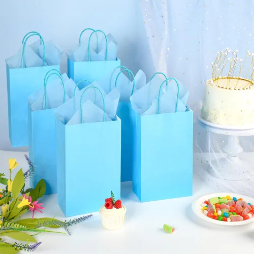 Miniatura 2 de DjinnGlory Paquete de 24 pequeñas bolsas de regalo de papel azul con asas de 9 x 5.5 x 3.15 pulgadas y 24 papel de regalo de seda para negocios