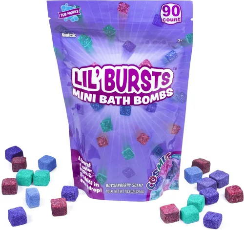 Miniatura 9 de Tub Works® Lil' Bursts™ Mini bombas de baño para niños, 90 unidades, cósmicas, no tóxicas, bombas de baño para niños pequeños con una ráfaga