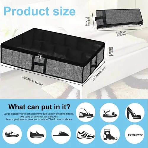 Miniatura 4 de Organizador de zapatos debajo de la cama para armario, paquete de 2, se adapta a 24 pares de cajas de contenedores de zapatos debajo de la cama