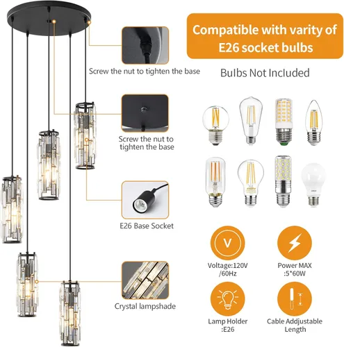 Miniatura 2 de LMQNINE - Lámpara colgante, lámparas colgantes modernas negras, mini candelabros de cristal, lámpara colgante ajustable de 5 luces para cocina, Negro