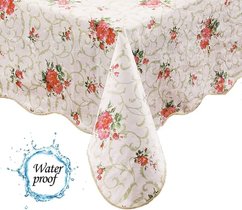 Miniatura 4 de Mantel floral de manzanilla rosa resistente al agua, rectangular, con parte trasera de franela, mantel de plástico de vinilo con flores rojas
