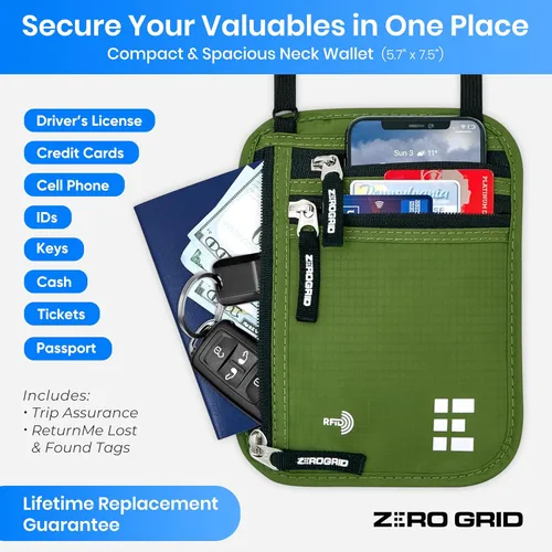 Miniatura 41 de Cartera para el cuello para viajes y pasaporte con bloqueo RFID, delgada y fácil de ocultar, bolsa de viaje de nailon para hombres y mujeres