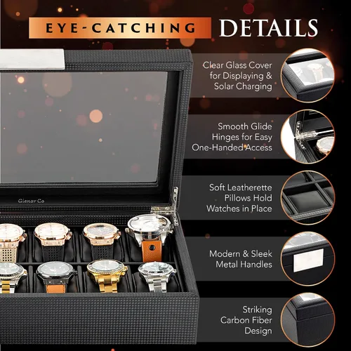 Miniatura 4 de Caja para relojes para hombre - caja de exhibición de fibra de carbono de lujo con 12 ranuras, caja grande, hebilla de metal - negro