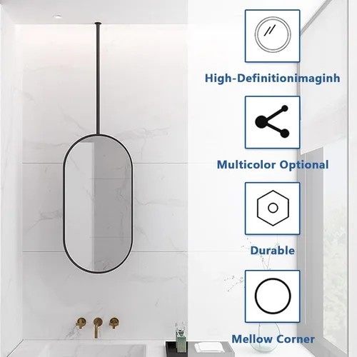 Miniatura 7 de Espejo ovalado para colgar en el techo, espejo de baño negro para montar en la pared con barra para colgar en el techo, espejos de maquillaje