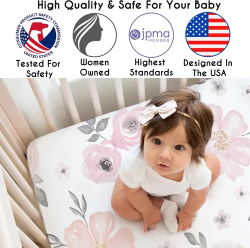 Miniatura 3 de Sweet Jojo Designs Mini sábana de cuna portátil para niña, color rosa y gris, colección floral de acuarela, para mini cuna o paquete y juego solo