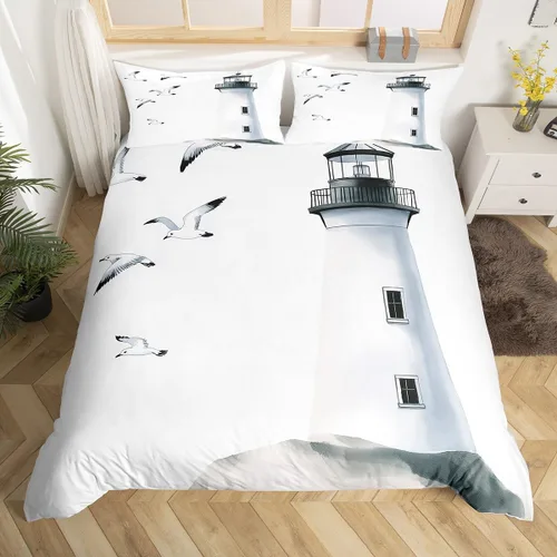 Erosebridal Juego de ropa de cama de faro, tamaño individual, funda de edredón náutica de gaviota, funda de edredón con estampado de paisaje marino,
