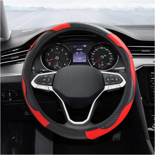 Miniatura 7 de Funda para volante de automóvil, protector de volante elástico de cuero de fibra de carbono de 15 pulgadas, antideslizante, transpirable y suave