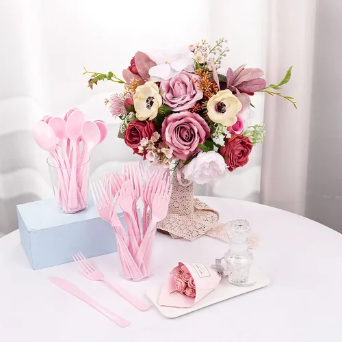 Miniatura 4 de WDF 160 piezas de cubiertos de plástico rosa - Cubiertos de plástico rosa resistentes incluye 80 tenedores, 40 cucharas, 40 cuchillos, utensilios
