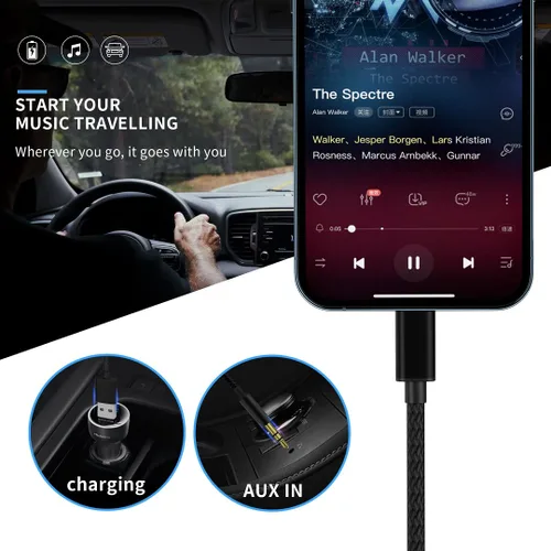 Miniatura 2 de Cable de carga de audio 2en1 Cable AUX para coche Compatible con teléfono 12 11 SE XS XR X 8 7, adaptador de carga de audio y USB A Funciona