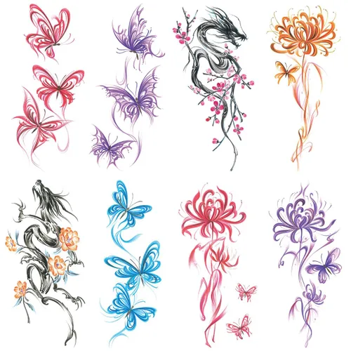Miniatura 16 de 8 hojas de tatuajes temporales negros con flechas, brújulas, plumas, dragones, anclas, espadas, serpientes, árboles y flores para el brazo