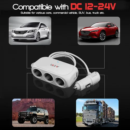 Miniatura 6 de Adaptador divisor de encendedor de cigarrillos de coche de 3 enchufes, 2 extensores USB [120W] [12V/24V] [cargador de coche dual USB de 3.1 A]