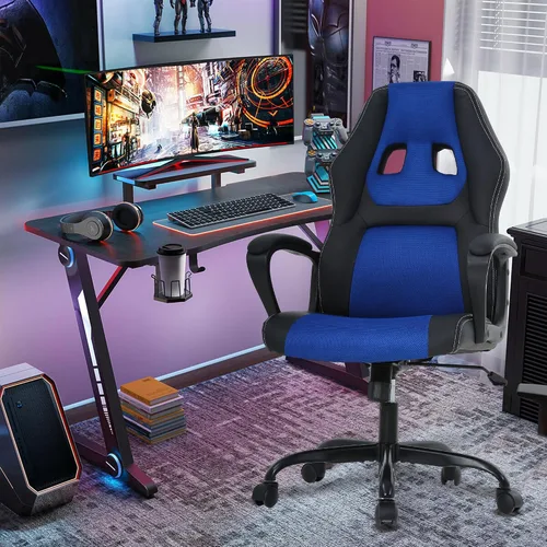 Miniatura 2 de Silla Gamer - Silla ergonómica de masaje para juegos, silla de escritorio de cuero azul para adultos y niños