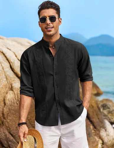 Miniatura 2 de COOFANDY Camisas casuales de lino para hombre, camisa de playa de manga larga con botones