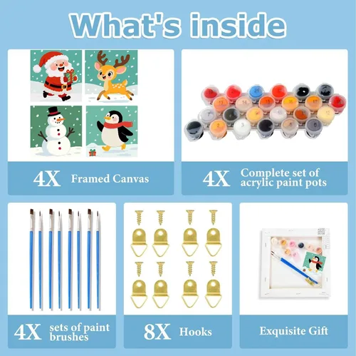 Miniatura 3 de KYOQFVN Paquete de 4 pinturas enmarcadas de Navidad por números para niños, pintura por números con lienzo, kits de pintura al óleo por números