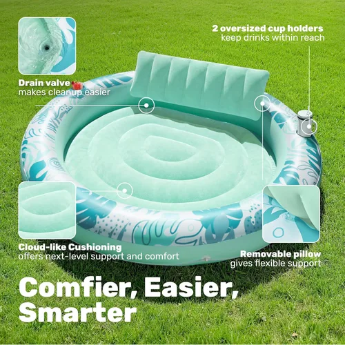 Miniatura 4 de SLOOSH Flotador inflable para piscina de bronceado, flotadores de piscina de 72 x 56 pulgadas para adultos con almohada, flotador redondo 4 en 1