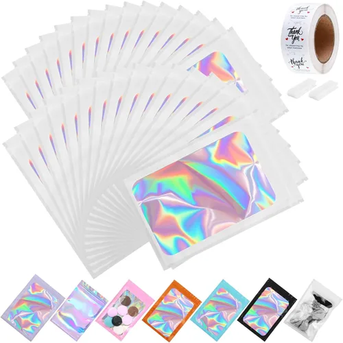 Miniatura 31 de Paquete de 150 bolsas holográficas de Mylar de 5 x 8 pulgadas con ventana transparente, pequeñas bolsas de papel de aluminio resellables