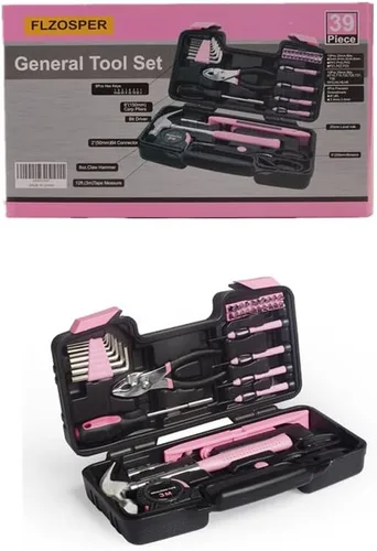 Juego de herramientas generales de 39 piezas, kit esencial de herramientas manuales para el hogar con caja de herramientas portátil (rosa, regla de