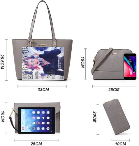Miniatura 63 de Juego de 4 bolsas modernos para mujer de cuero sintético: bolso tote, bolso de hombro, bolso de mano y cartera.