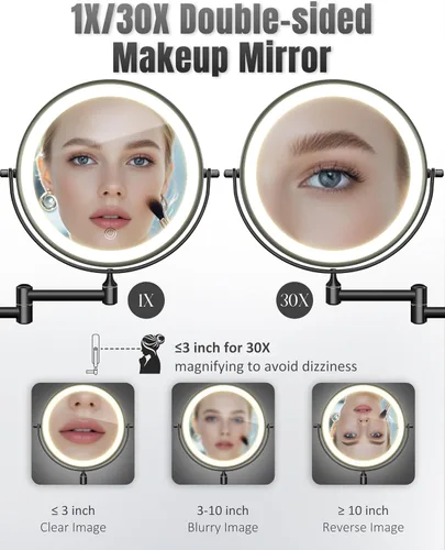 Miniatura 2 de Espejo de maquillaje montado en la pared con luz, 20X/1X 20,3 cm espejo doble cara LED con aumento para baño, espejo de tocador iluminado