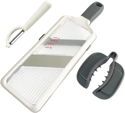 Cortador de mandolina de mano con soporte para alimentos, cortador de alimentos de mandolina cuchillas ajustables de acero inoxidable, picador de