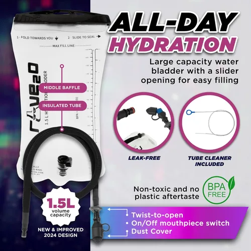 Miniatura 4 de Mochila de Hidratación Rave – Paquete de Hidratación Antirrobo para Festivales con Bolsa de 1.5L de TPU a Prueba de Fugas – Paquete de Agua Delgado