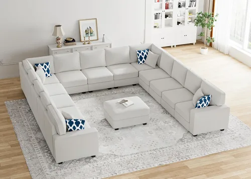 Miniatura 26 de Legend Vansen - Sofá modular seccional en forma de U con otomano, moderno, reversible, de esquina, para sala de estar (Créma, Sofá en forma de U-3)