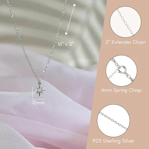 Miniatura 5 de Annika Bella Collar de plata de ley con estrella para mujer, longitud de 15 a 17 pulgadas, pequeño collar con dije de estrella del norte