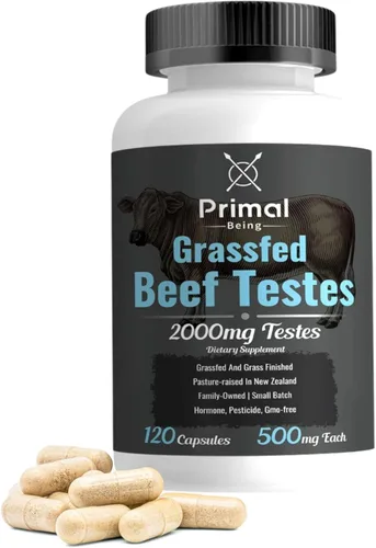 Primal Being Cápsulas de testículos de carne de vacuno alimentados con pasto - Suplemento de órgano de carne de res densa en nutrientes para
