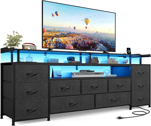 ADORNEVE Soporte de TV para TV de 65 pulgadas, mesa consola de TV de 63" de ancho con luces LED y estación de carga, cómoda larga con 11 cajones de