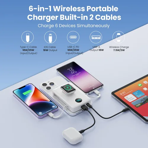 Miniatura 12 de Cargador portátil magnético de 10800 mAh para iPhone con cables integrados, cargador de batería inalámbrico 6 en 1 con cargador iWatch, pantalla LCD
