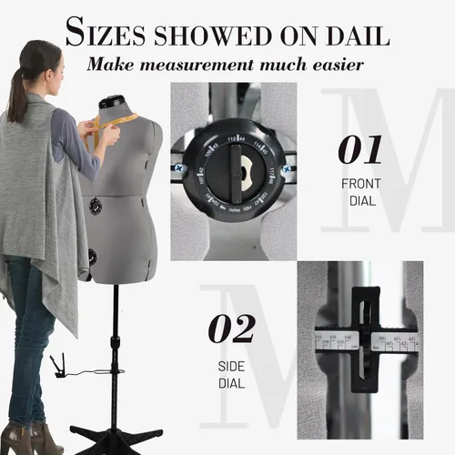 Miniatura 7 de Formas de vestido para costura, maniquí femenino gris ajustable talla 12-18, cuerpo de modelo que se puede sujetar con alfileres con 13 diales