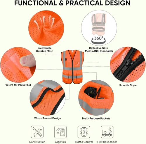 Miniatura 2 de TICONN Chaleco de seguridad reflectante de alta visibilidad Clase II de malla para mujeres y hombres Cumple con los estándares ANSI Naranja