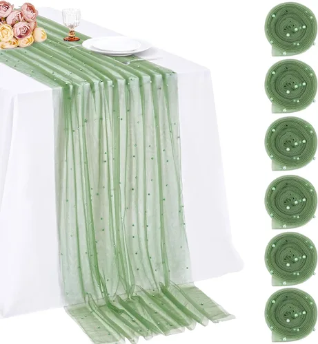 Miniatura 20 de LuoluoHouse Camino de Mesa de Perla para Centros de Mesa de Boda: Camino de Mesa de Perla de 10 pies, Decoración de Mesa de 29x120 Pulgadas de Tul