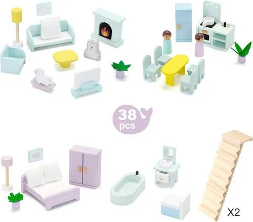Miniatura 4 de Pillowhale Casa de muñecas de madera, casa de muñecas de 6 habitaciones con juego de muebles de 38 piezas, casa de juegos moderna de bricolaje, casa