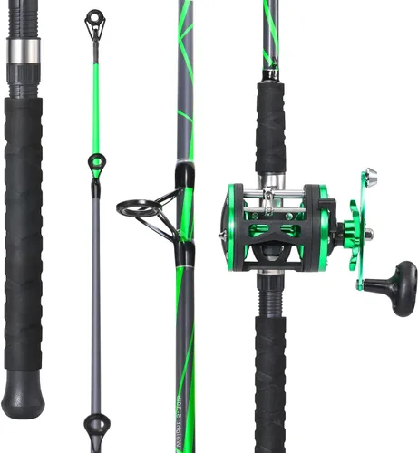 Miniatura 3 de Sougayilang Caña de Pescar de Vidrio Progresiva Combo de Carrete Convencional Medio Pesado para Bagre, Salmón y Steelhead-7'0" Verde- Diestro