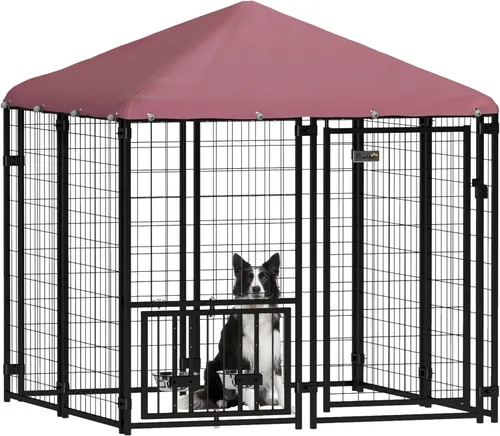 Miniatura 11 de PawHut Jaula de 4' x 4' x 6' para perros al aire libre, Jaula de alambre soldado para perros con rotación de 360° y cuencos ajustables de 4 niveles