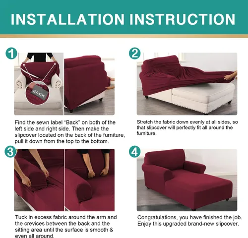 Miniatura 6 de Funda ajustada para sofá chaise lounge - Funda elástica para chaise de doble brazo con protector (Rojo vino, cuadros pequeños)