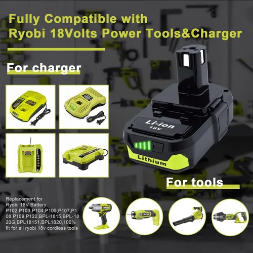 Miniatura 4 de 2 paquetes de repuesto de alta capacidad de 3.0Ah para batería Ryobi de 18 V P108 P104 P105 P102 P103 P122 P109 Li-ION compatible con Ryobi 18V ONE+
