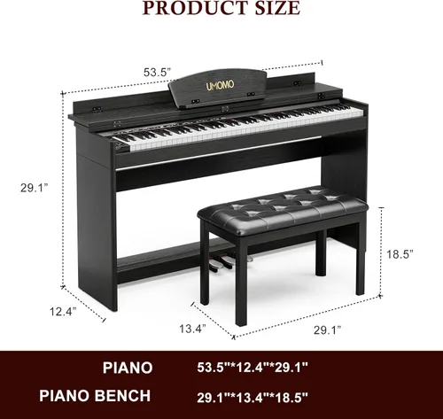 Miniatura 8 de UMOMO Teclado de piano digital de 88 teclas con peso y banco de piano, piano eléctrico de tamaño completo con soporte para piano, conector para Negro