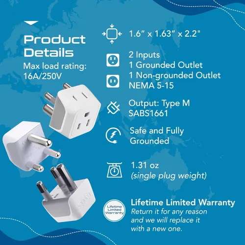 Miniatura 4 de Ceptics Adaptador de viaje para Sudáfrica, Namibia con entrada dual de EE. UU., Tipo M, ultracompacto, seguro con conexión a tierra, perfecto