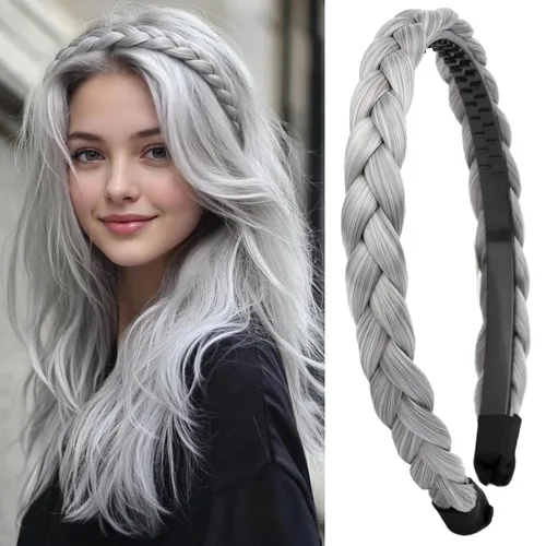 Miniatura 30 de Ancho de 1.5 cm Banda de pelo sintético trenzada estrecha con dientes para mujeres y niñas (Negro)
