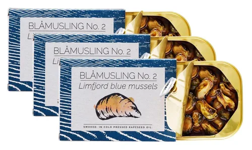 Miniatura 2 de Fangst Blamuslinger No. 2 Mejillones azules de fiordo limfjord estañados ahumados en aceite de colza prensado en frío 1 lata de 3.53 oz