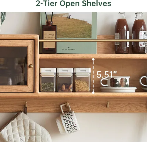 Miniatura 4 de Armario de pared 100% madera maciza, armario de pared de 39.4 pulgadas con puertas de vidrio templado y estantes ajustables y 5 ganchos, armario