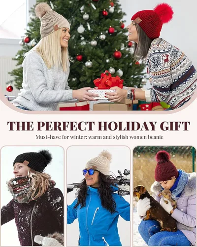 Miniatura 7 de Alepo Womens Winter Beanie Hat, Warm Fleece Lined Knitted Soft Ski Cuff Cap with Pom Pom