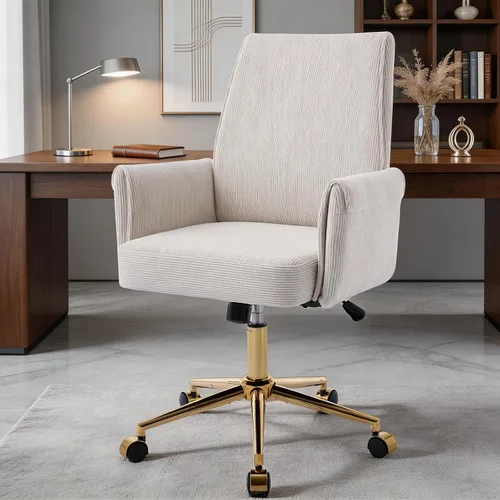 Miniatura 8 de ECHINGLE Silla de oficina ergonómica para computadora, silla de escritorio giratoria con respaldo medio con base dorada, altura ajustable para Crema