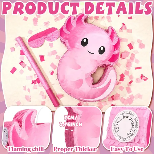 Miniatura 6 de Piñata de ajolote rosa para cumpleaños, fiesta de Navidad, piñata rosa con palo, confeti para Navidad, regalo de adultos, decoración de fiestas